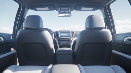 A modern car interior showing the back seats and dashboard, designed for comfort and technology with a bright, open atmosphere.