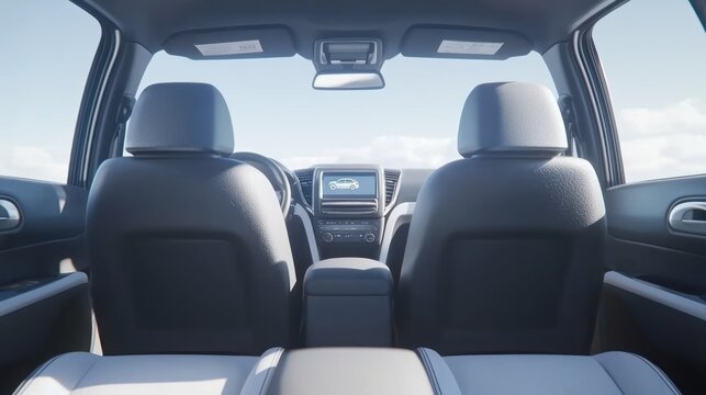 A modern car interior showing the back seats and dashboard, designed for comfort and technology with a bright, open atmosphere.