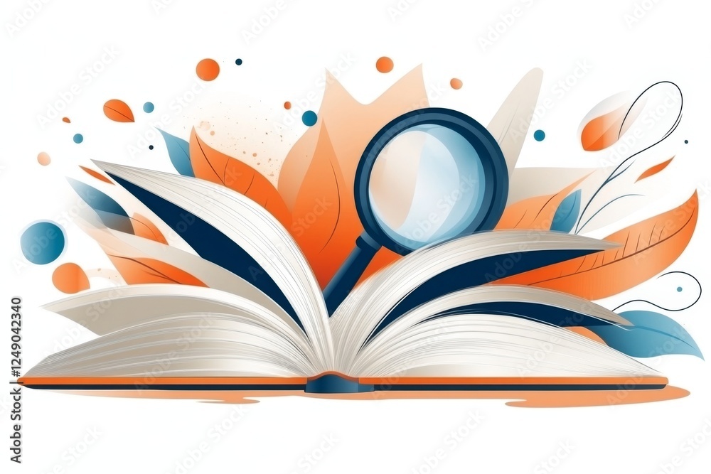 Poster a clean minimalist icon of an open book with a magnifying glass, symbolizing dictionary lookup