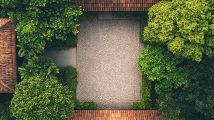 Aerial view of tranquil courtyard garden