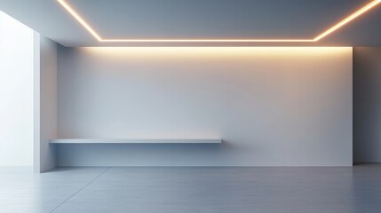 Bright Minimalist Room with Soft Lighting Featuring an Empty Wall and a Simple Shelf for Creative Design Concepts