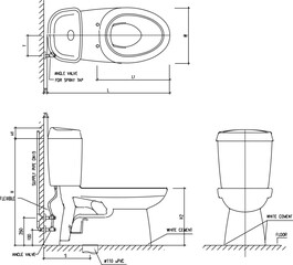 vector sketch, silhouette illustration, typical service sink installation detail design