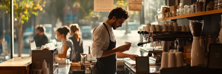 A barista preparing coffee in a busy cafe with customers in the background