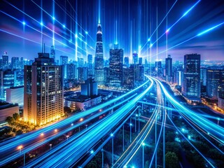Fototapeta premium Futuristic Tech Data Streams: Bright Blue Light Trails at Night
