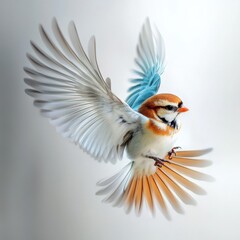 Obraz premium Colorful bird in mid-flight with vibrant feathers, showcasing intricate wing patterns and a striking orange and blue color palette, wildlife photography concept