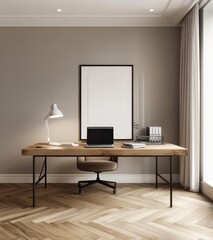 Modern Minimalist Home Office with Wooden Desk and Computer Setup