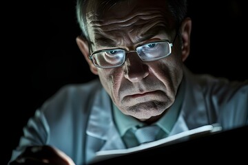 Fototapeta premium A focused scientist or doctor examines a document under dim lighting, highlighting a serious expression and attention to detail. Concept Focused Research, Dim Lighting Atmosphere, Serious Expression