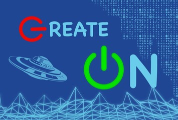 Create on text with on off button design. Spaceship, alien alphabet and line shaped mountain design on blue background.