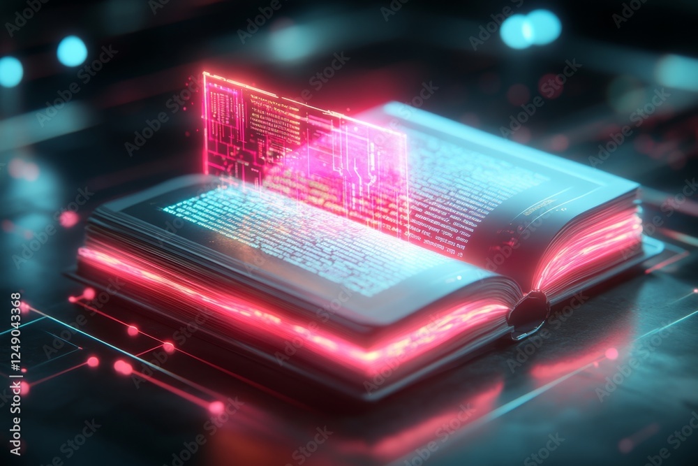Poster a cyberpunk-inspired dictionary displayed on a neon holographic interface, scanning words instantly