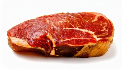 Fototapeta premium Freshly cut steak showcasing marbled texture ready for grilling or culinary preparation on white background