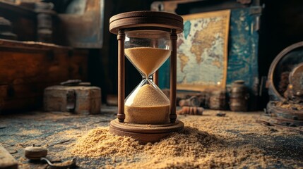 an hourglass with sand in motion placed above a world map