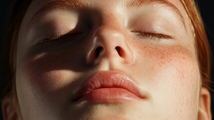 Close up of a redhead woman with closed eyes, breathing deeply, her freckled face illuminated by soft sunlight, embodying the concepts of rhinoplasty and cosmetology