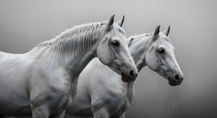 Obraz premium Two majestic white horses amidst ethereal smoke.