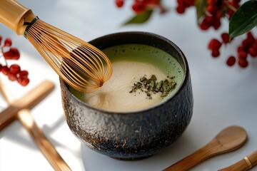 How to make organic matcha Matcha tea in a bowl with a bamboo whisk and decorative foliage.