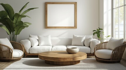 Round wooden coffee table near sofa and armchair against window and wall with blank mockup poster frame. Scandinavian interior design of modern living room.