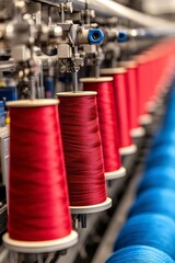 Closeup of red thread spools in a textile machine, with blurred blue thread spools in the background. Industrial machinery and vibrant red threads