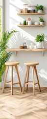 Minimalist Kitchen Counter with Wooden Stools and Plants.