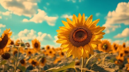 Fototapeta premium A close-up image shows a vibrant, blooming sunflower surrounded by a clear blue sky