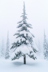 Obraz premium A snow-covered evergreen tree in a forest during winter, with a clear and bright sky. Perfect for Christmas celebrations.