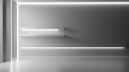 Minimalist White Room with Empty Shelves and Soft Ambient Lighting Ideal for Modern Interior Design Concepts and Creative Backgrounds