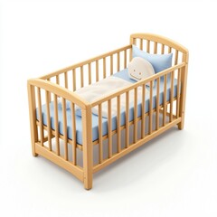 baby crib with soft bedding, isolated on a white background