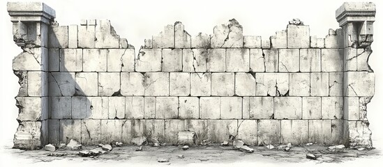 Ruined stone wall with broken bricks and columns, showing signs of decay and age, in grayscale