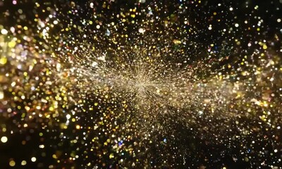 A swirling, abstract background with a dazzling display of golden glitter and colorful sparkles exploding from the center.