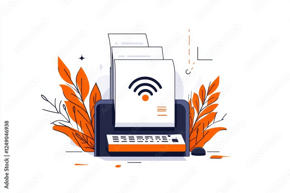 Poster a flat, modern design of a printer icon with a wi-fi signal, representing wireless printing