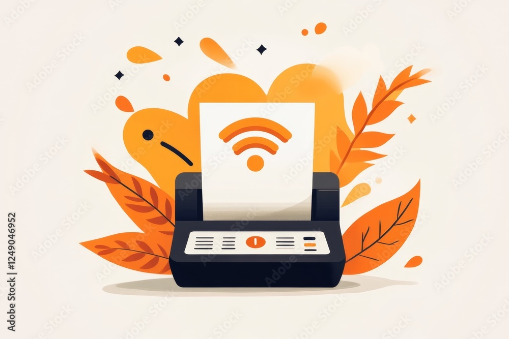 Poster a flat, modern design of a printer icon with a wi-fi signal, representing wireless printing
