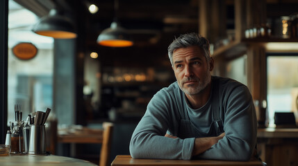 Obraz premium A grey-haired man sits thoughtfully at a wooden table in a restaurant
