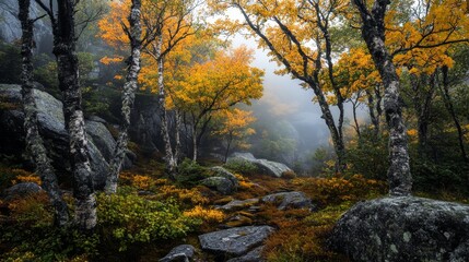 A misty fog descends upon a peaceful forest, where only a dim light from above manages to make its way through the branches
