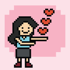 Obraz premium Cute pixel cartoon 8bit character woman lady feel love happy happiness heart emotion decoration in love 8 bit female girl happy favorite like mood game vector.