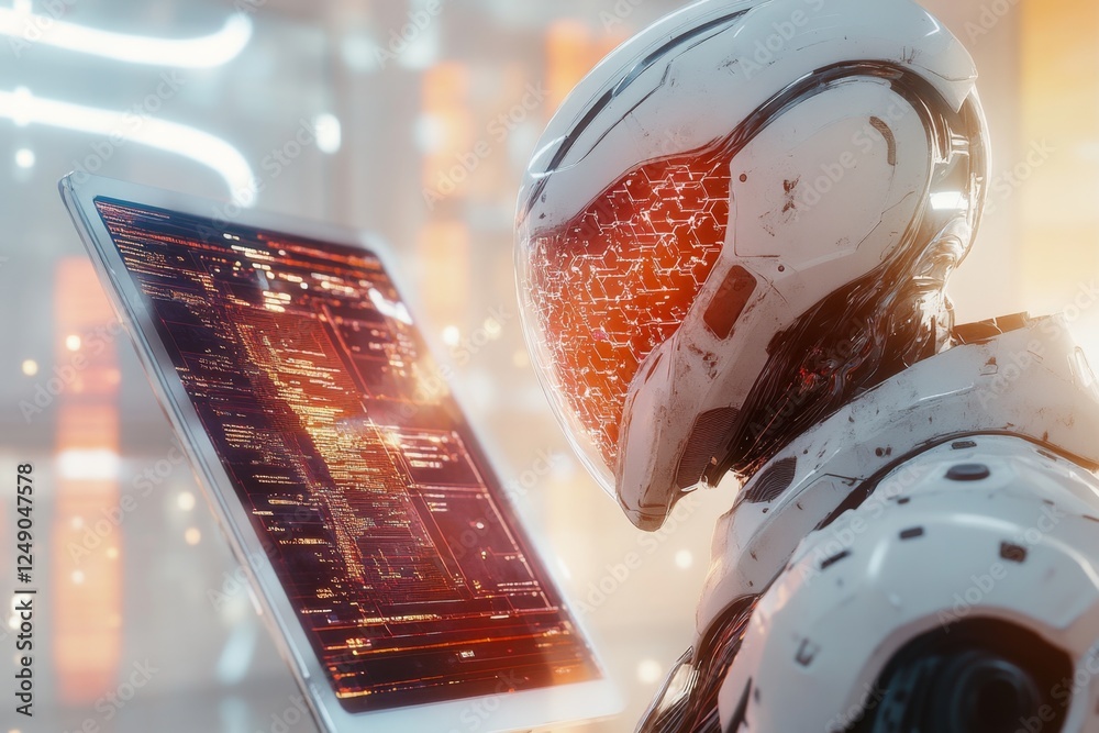 Poster A futuristic robot conducting an advanced AI-driven assessment on a holographic display