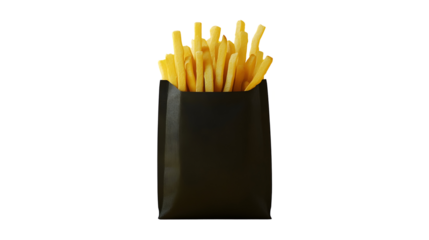 Another modern French fry container, showing the sleek black design with golden fries peeking out.