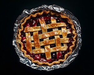 Homemade cherry pie with lattice crust inside foil