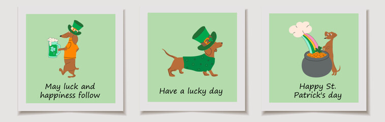 Set of St. Patrick's Day cards with retro cartoon characters designed as St. Patrick's Day mascots