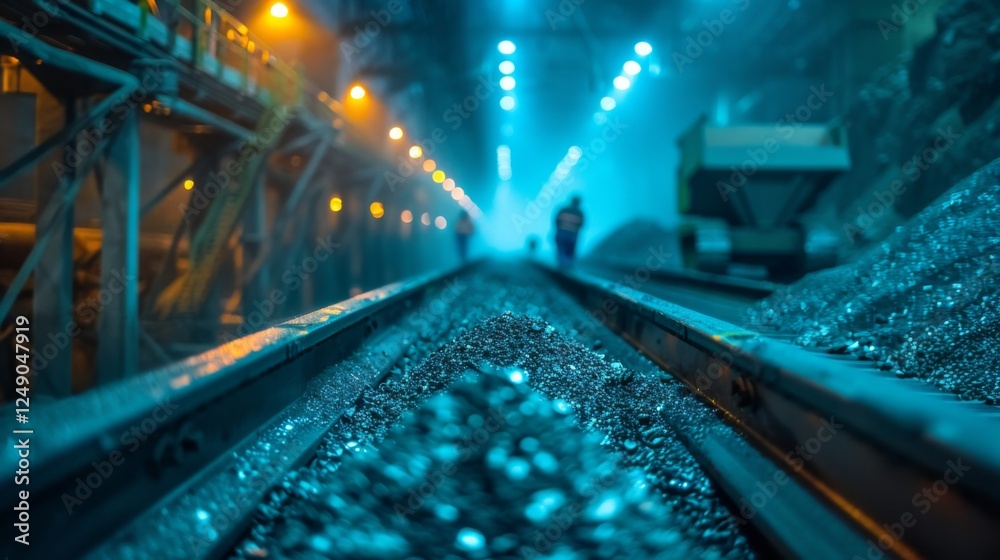 Poster workers navigate through a dimly lit industrial area, where blue lighting enhances the view of metal