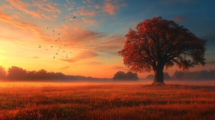 A tranquil scene where the sun's golden rays pierce through a hazy meadow