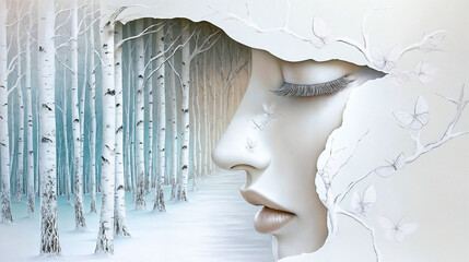 Ethereal Woman with Serene Expression Emerging from Winter Birch Forest Scene