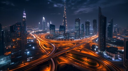 Fototapeta premium The mesmerizing dubai skyline illuminates the night, showcasing a vibrant highway interchange with glowing lights and impressive modern architecture, creating a breathtaking urban landscape