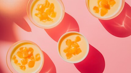 Creamy mango pudding cups on a pink background with strong light and shadow