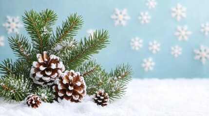 Snowy Pinecones and Evergreen Branches on Winter Background