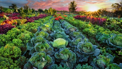 vibrant vegetable garden at sunrise with cabbages, broccoli, kale, and colorful flowers for organic farming themes