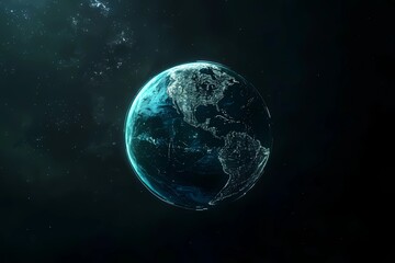 Visual representation of Earth from space highlighting geographic continents and city lights during twilight