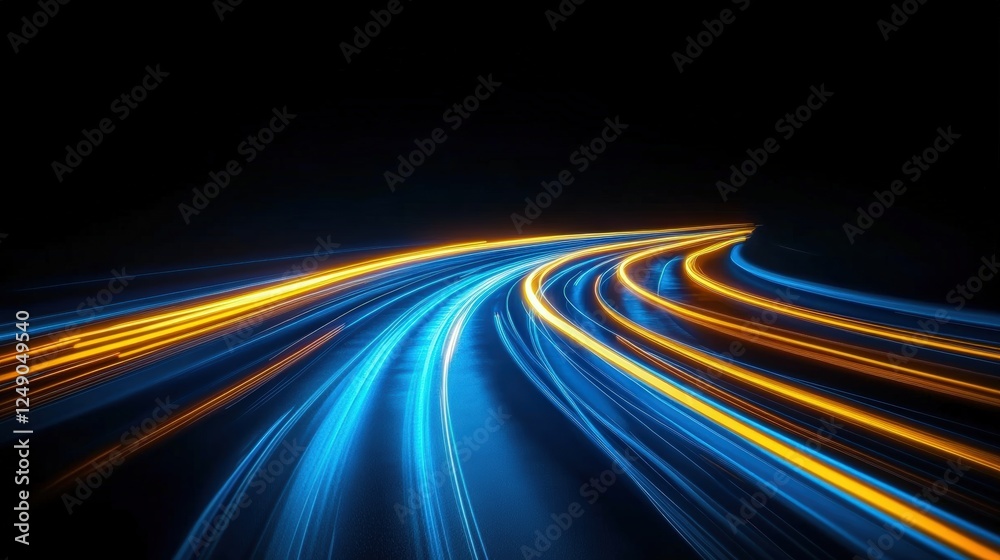 Poster abstract blue and orange light trails creating a dynamic blur effect on a dark background representi