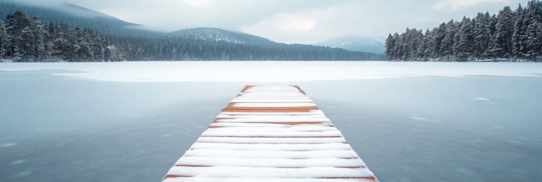 Snow covered wooden pier stretching towards the center of a frozen lake, surrounded by snow laden trees and distant mountains, creating a serene and picturesque winter scene