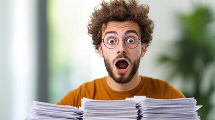 shocked man with paperwork overload