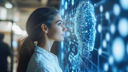 Woman gazing at a digital human face on a screen.
