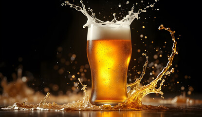 a glass of cold beer with a backdrop of beer splashing and floating in the air on a black background for a poster
