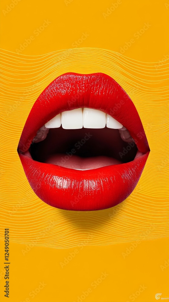 Poster open mouth with red lipstick is showing perfect white teeth on a yellow background with wavy lines, 